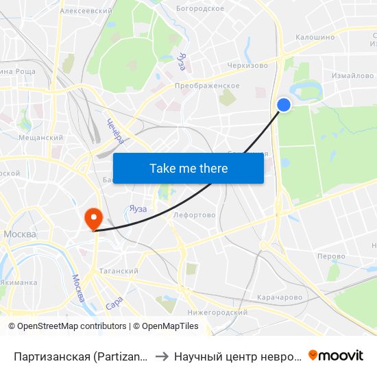 Партизанская (Partizanskaya) to Научный центр неврологии map