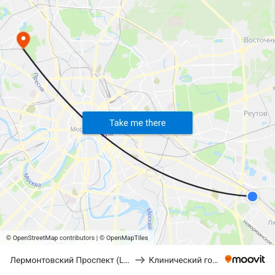 Лермонтовский Проспект (Lermontovsky Prospekt) to Клинический госпиталь ГУВД map