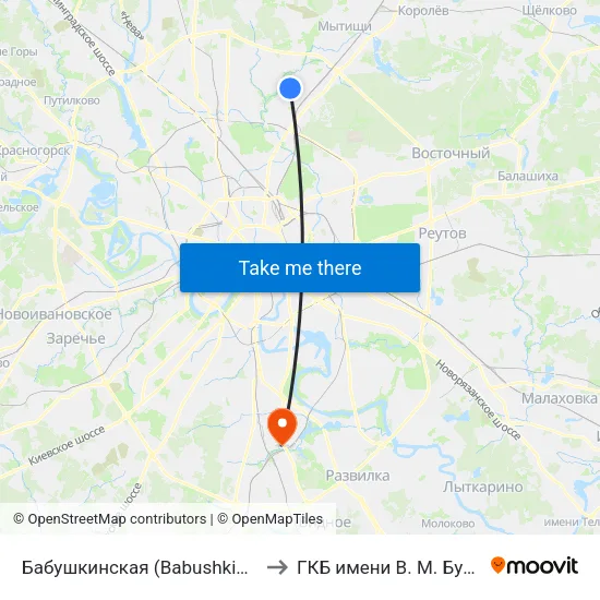 Бабушкинская (Babushkinskaya) to ГКБ имени В. М. Буянова map