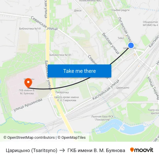 Царицыно (Tsaritsyno) to ГКБ имени В. М. Буянова map