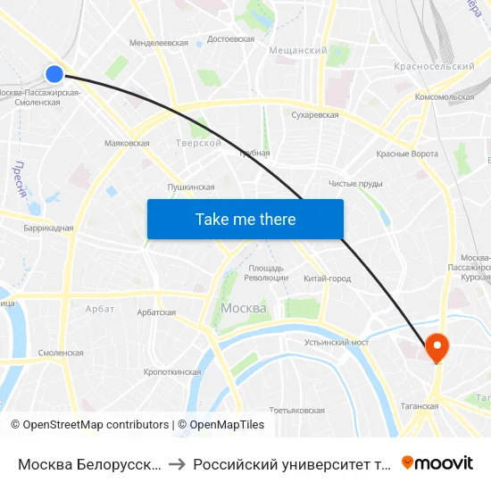 Москва Белорусская (Belorussky Station) to Российский университет театрального искусства ГИТИС map
