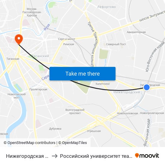 Нижегородская (Nizhegorodskaya) to Российский университет театрального искусства ГИТИС map