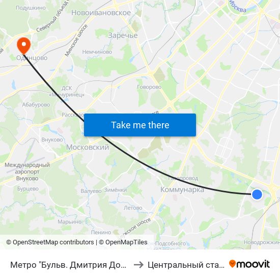 Метро "Бульв. Дмитрия Донского" to Центральный стадион map