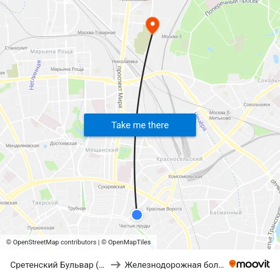 Сретенский Бульвар (Sretinsky Bulvar) to Железнодорожная больница Москва-3 map