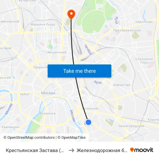 Крестьянская Застава (Krestyanskaya Zastava) to Железнодорожная больница Москва-3 map