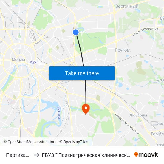 Партизанская (Partizanskaya) to ГБУЗ ""Психиатрическая клиническая больница №13 Департамента здравоохранения города Москвы"" map
