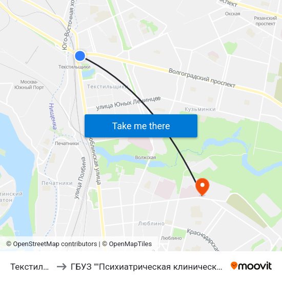 Текстильщики (Tekstilschiki) to ГБУЗ ""Психиатрическая клиническая больница №13 Департамента здравоохранения города Москвы"" map