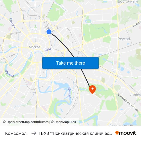 Комсомольская (Komsomolskaya) to ГБУЗ ""Психиатрическая клиническая больница №13 Департамента здравоохранения города Москвы"" map