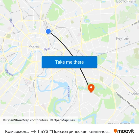 Комсомольская (Komsomolskaya) to ГБУЗ ""Психиатрическая клиническая больница №13 Департамента здравоохранения города Москвы"" map