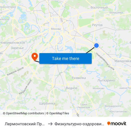 Лермонтовский Проспект (Lermontovsky Prospekt) to Физкультурно-оздоровительный комплекс РУДН (ФОК РУДН) map