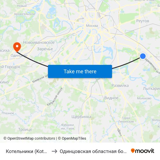 Котельники (Kotelniki) to Одинцовская областная больница map