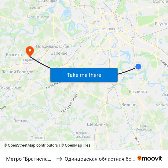Метро "Братиславская" to Одинцовская областная больница map