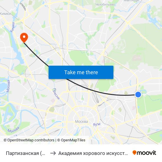 Партизанская (Partizanskaya) to Академия хорового искусства имени В.С. Попова map