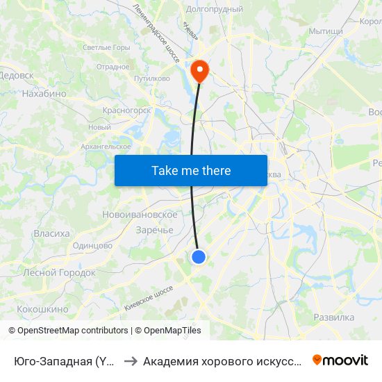 Юго-Западная (Yugo-Zapadnaya) to Академия хорового искусства имени В.С. Попова map