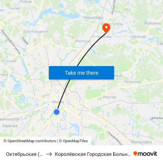Октябрьская (Oktyabrskaya) to Королёвская Городская Больница филиал Юбилейный map