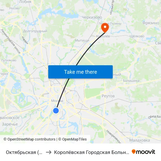 Октябрьская (Oktyabrskaya) to Королёвская Городская Больница филиал Юбилейный map