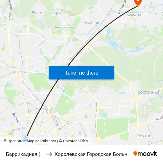 Баррикадная (Barrikadnaya) to Королёвская Городская Больница филиал Юбилейный map