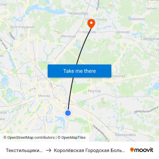Текстильщики (Tekstilschiki) to Королёвская Городская Больница филиал Юбилейный map