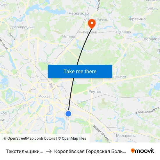 Текстильщики (Tekstilschiki) to Королёвская Городская Больница филиал Юбилейный map