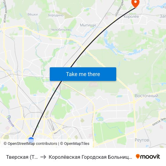Тверская (Tverskaya) to Королёвская Городская Больница филиал Юбилейный map