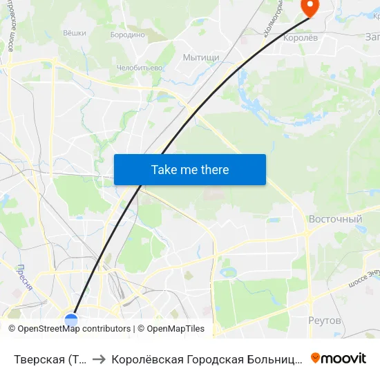 Тверская (Tverskaya) to Королёвская Городская Больница филиал Юбилейный map