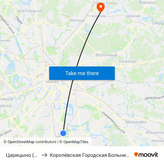 Царицыно (Tsaritsyno) to Королёвская Городская Больница филиал Юбилейный map