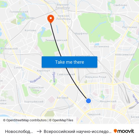 Новослободская (Novoslobodskaya) to Всероссийский научно-исследовательский институт гидротехники и милиорации map