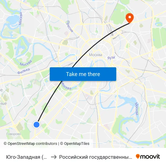 Юго-Западная (Yugo-Zapadnaya) to Российский государственный социальный университет map