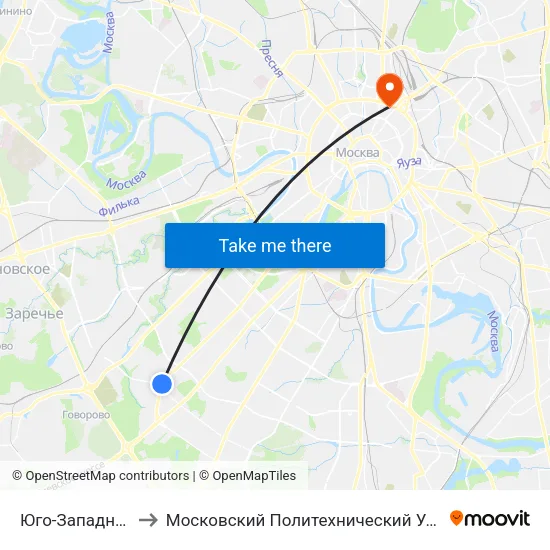 Юго-Западная (Yugo-Zapadnaya) to Московский Политехнический Университет, отделение «На Садовой-Спасской» map
