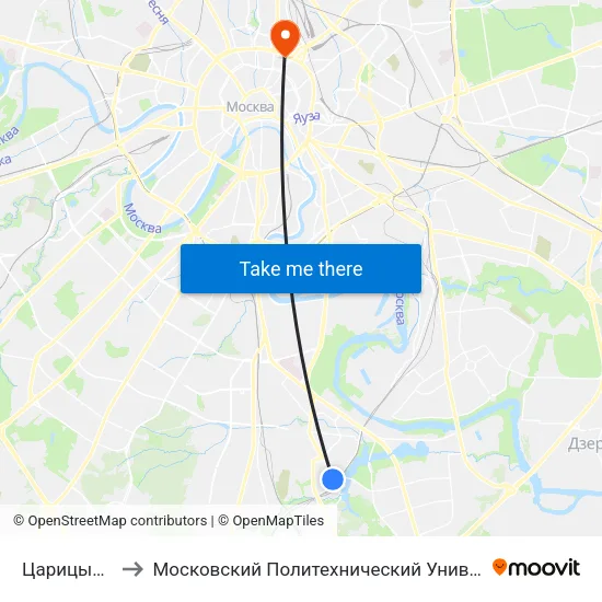 Царицыно (Tsaritsyno) to Московский Политехнический Университет, отделение «На Садовой-Спасской» map
