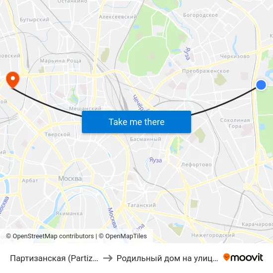 Партизанская (Partizanskaya) to Родильный дом на улице Правды map