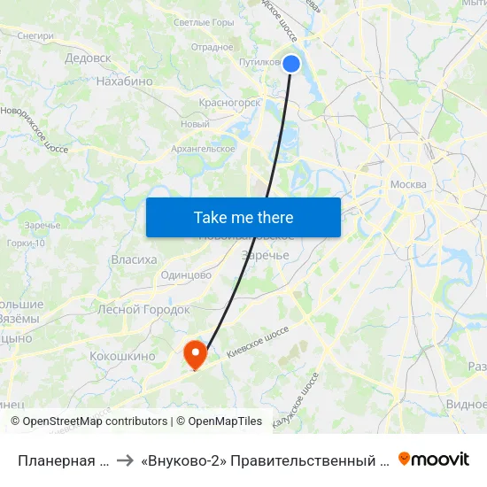 Планерная (Planernaya) to «Внуково-2» Правительственный и дипломатический темринал map