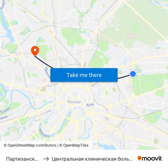 Партизанская (Partizanskaya) to Центральная клиническая больница №1 ОАО ""РЖД"" (2-я территория) map