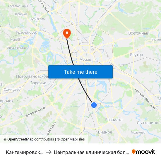 Кантемировская (Kantemirovskaya) to Центральная клиническая больница №1 ОАО ""РЖД"" (2-я территория) map