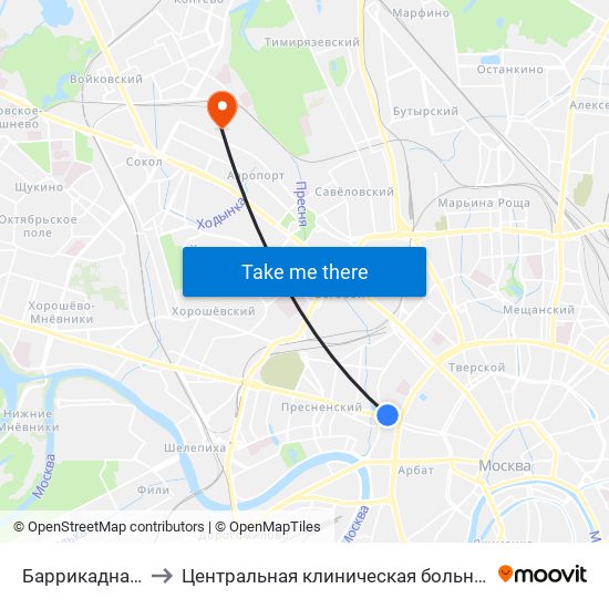 Баррикадная (Barrikadnaya) to Центральная клиническая больница №1 ОАО ""РЖД"" (2-я территория) map