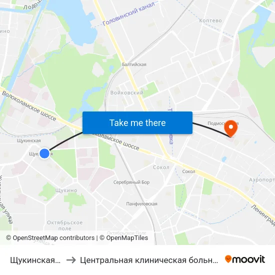 Щукинская (Schukinskaya) to Центральная клиническая больница №1 ОАО ""РЖД"" (2-я территория) map