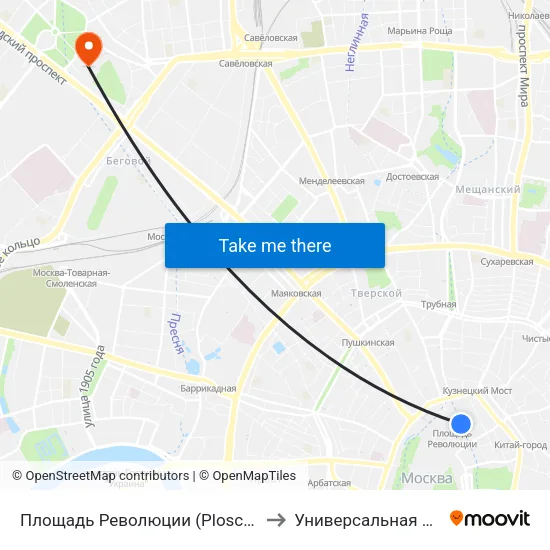 Площадь Революции (Ploschad Revolyutsii) to Универсальная ВТБ Арена map