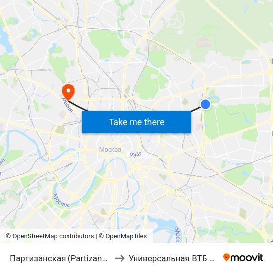 Партизанская (Partizanskaya) to Универсальная ВТБ Арена map