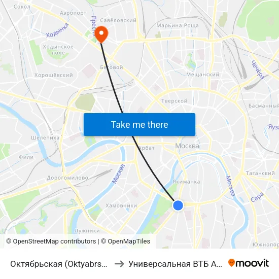 Октябрьская (Oktyabrskaya) to Универсальная ВТБ Арена map