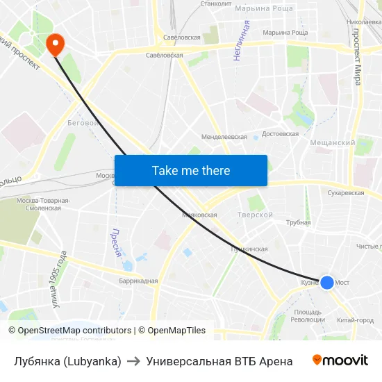 Лубянка (Lubyanka) to Универсальная ВТБ Арена map