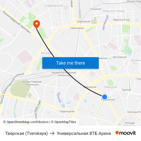 Тверская (Tverskaya) to Универсальная ВТБ Арена map