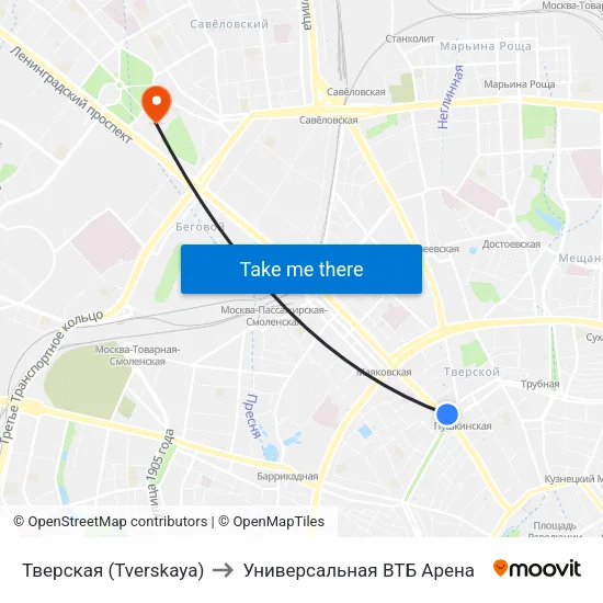Тверская (Tverskaya) to Универсальная ВТБ Арена map
