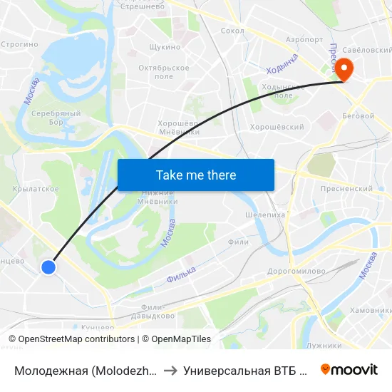Молодежная (Molodezhnaya) to Универсальная ВТБ Арена map