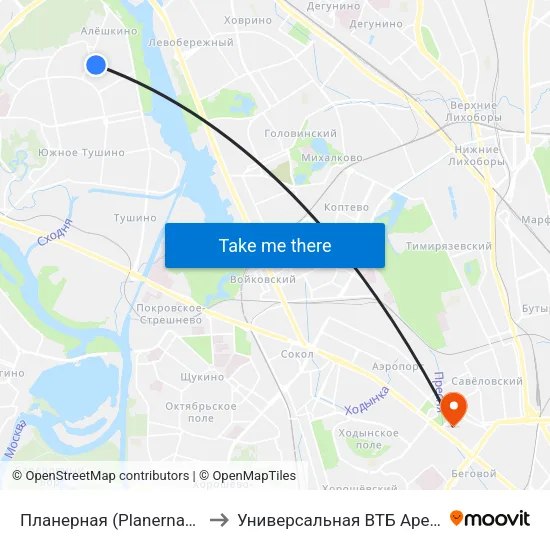 Планерная (Planernaya) to Универсальная ВТБ Арена map