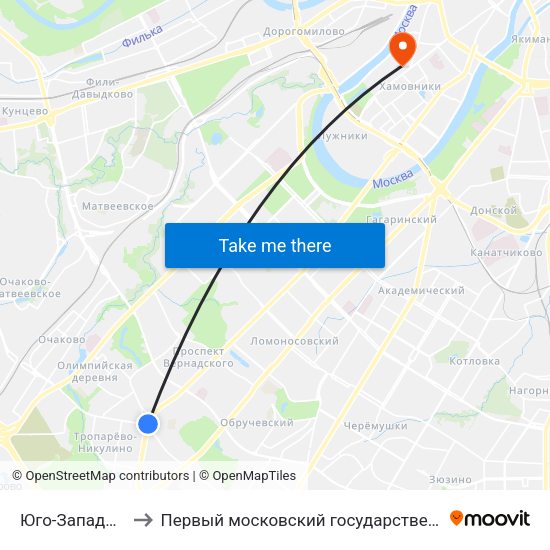 Юго-Западная (Yugo-Zapadnaya) to Первый московский государственный медицинский университет им. И. М. Сеченова map