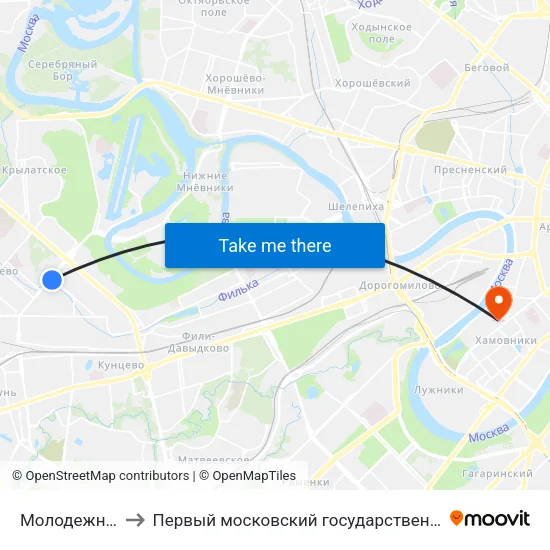 Молодежная (Molodezhnaya) to Первый московский государственный медицинский университет им. И. М. Сеченова map