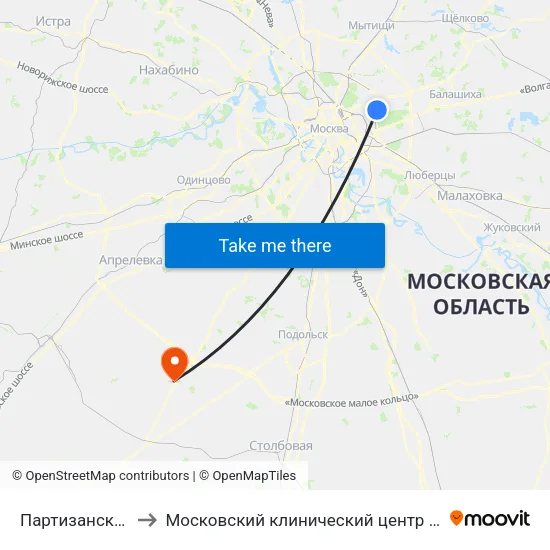 Партизанская (Partizanskaya) to Московский клинический центр инфекционных болезней «Вороновское» map