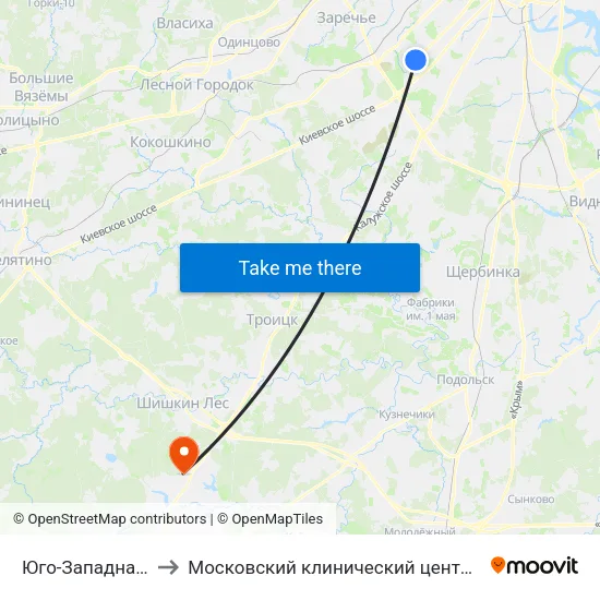 Юго-Западная (Yugo-Zapadnaya) to Московский клинический центр инфекционных болезней «Вороновское» map