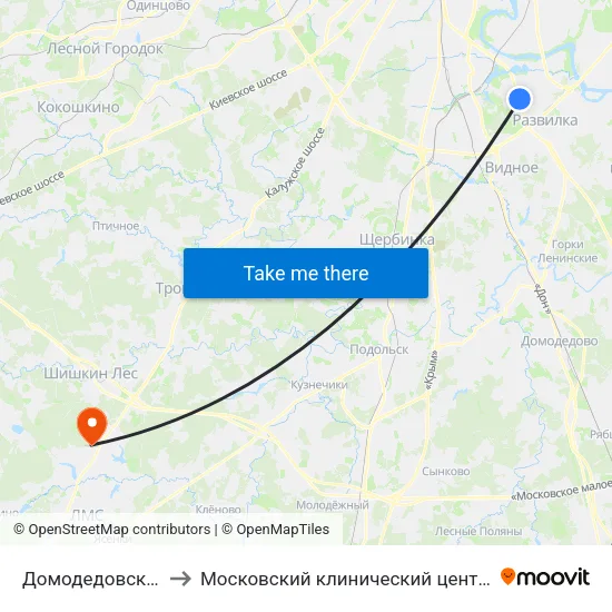 Домодедовская (Domodedovskaya) to Московский клинический центр инфекционных болезней «Вороновское» map