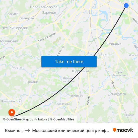 Выхино (Vykhino) to Московский клинический центр инфекционных болезней «Вороновское» map